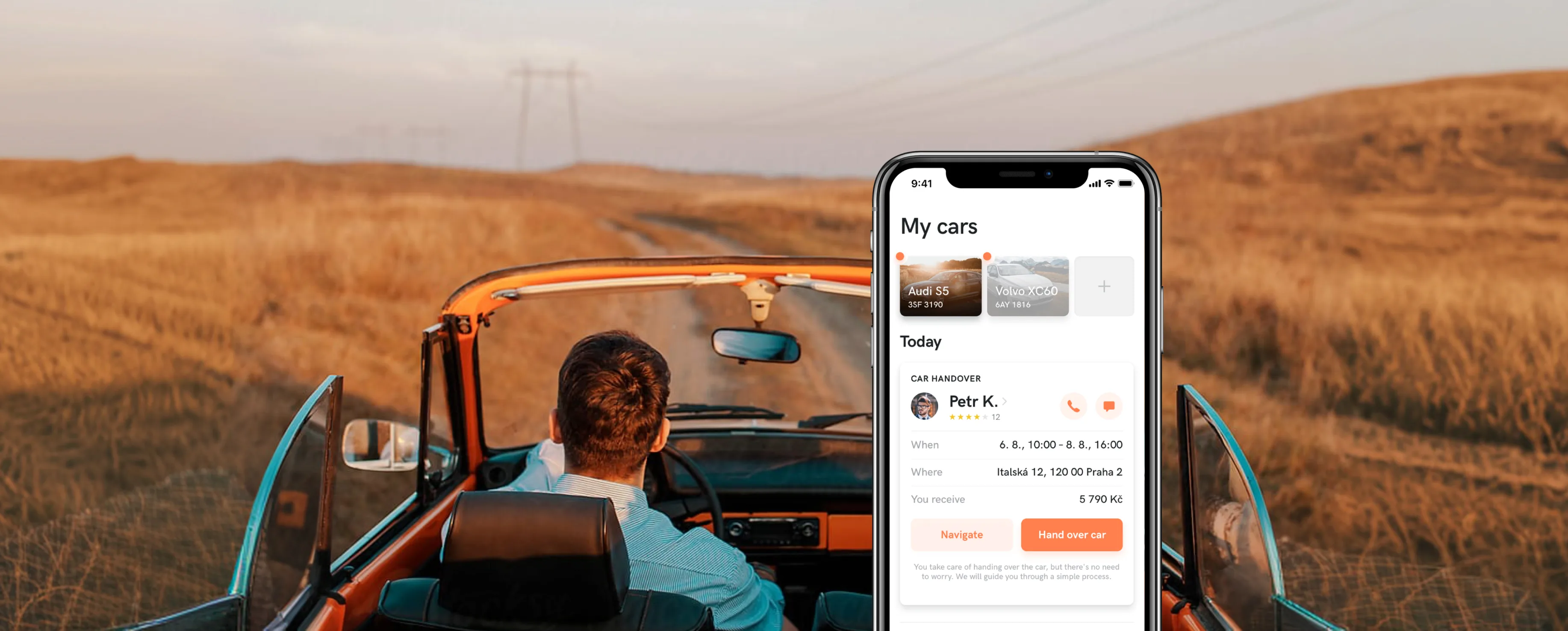 A man driving an orange convertible along a dirt road through golden hills at dusk, beside a phone with the HoppyGo My cars screen — Audi S5 and Volvo XC60 cards and today's car handover with Petr K., 6.–8. 8., Italská 12 Praha, 5 790 Kč, Navigate and Hand over car buttons