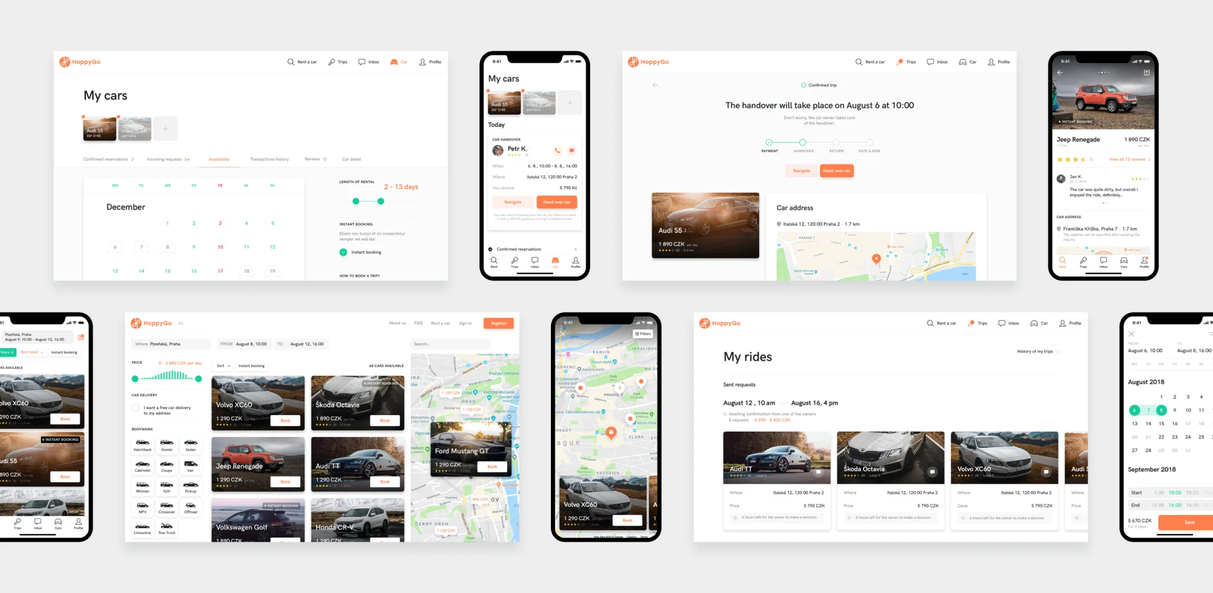 An overview of HoppyGo web and mobile screens on light grey: the owner's My cars calendar, the mobile Today handover card, a confirmed-trip page with a Prague map, a Jeep Renegade detail, the search results with map, a map with price pins, the renter's My rides requests and a date picker