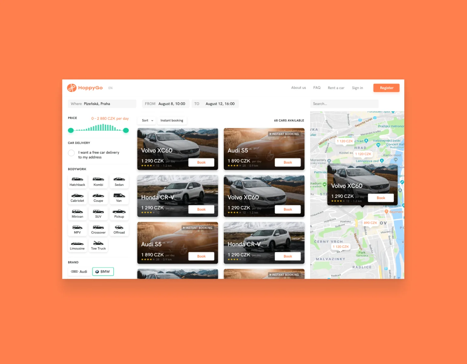 The HoppyGo web app on coral: search results for Praha with price, delivery, body-type and brand filters, car cards for a Volvo XC60, Audi S5 and Honda CR-V, and a map of Prague with price pins