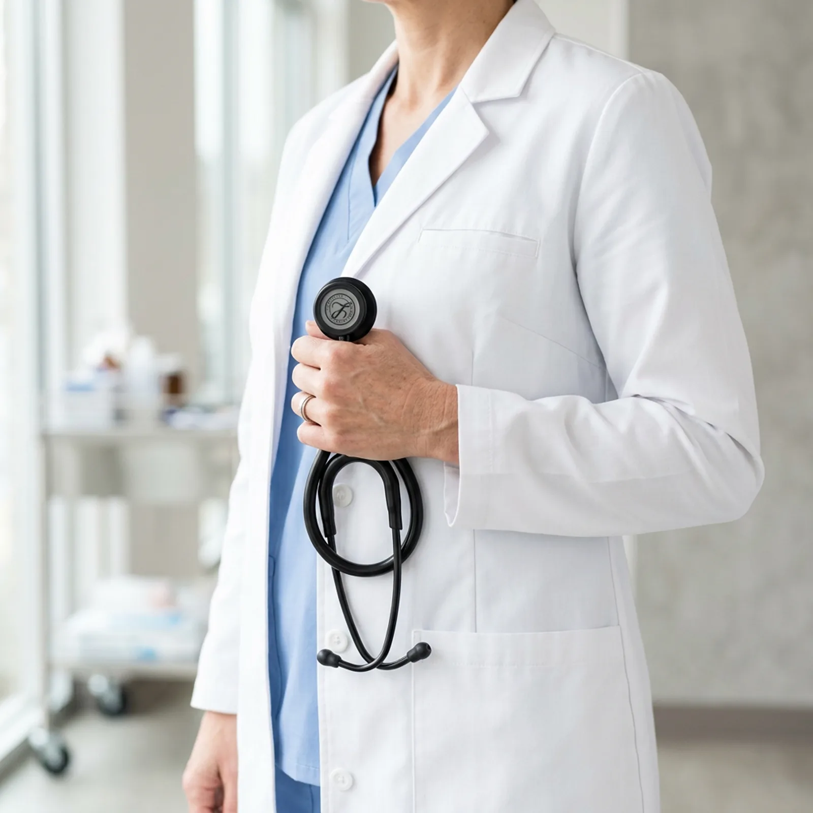A doctor in a white coat over blue scrubs holding a black stethoscope to her chest, a bright clinic corridor behind her