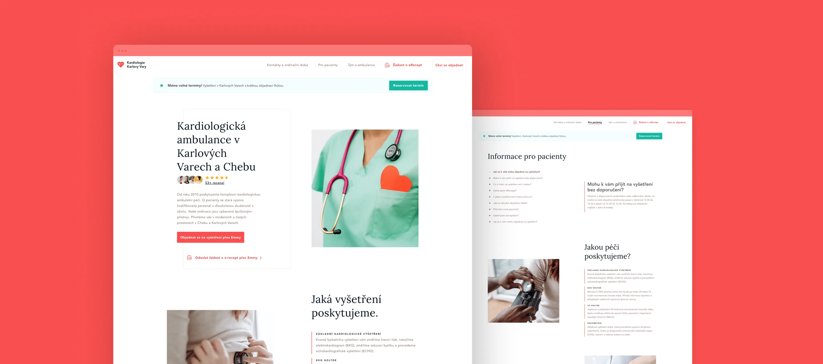 Two browser windows of the Kardiologie Karlovy Vary website on coral: the home page “Kardiologická ambulance v Karlových Varech a Chebu” with a photo of scrubs and a paper heart, and the patient-information page