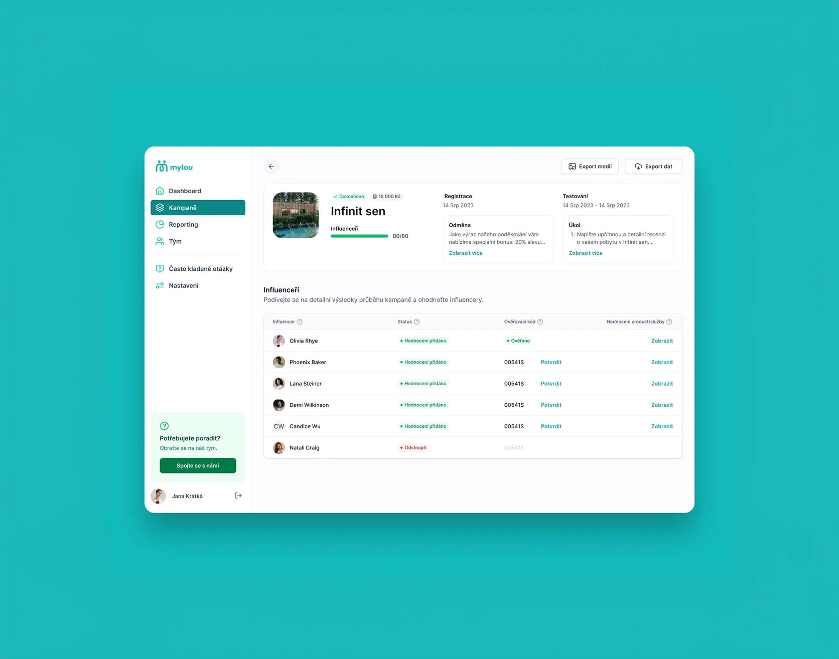 The Mylou admin web app on teal: the Infinit sen campaign review with its reward and task, and the influencer list with statuses, verification codes and confirm/reject actions