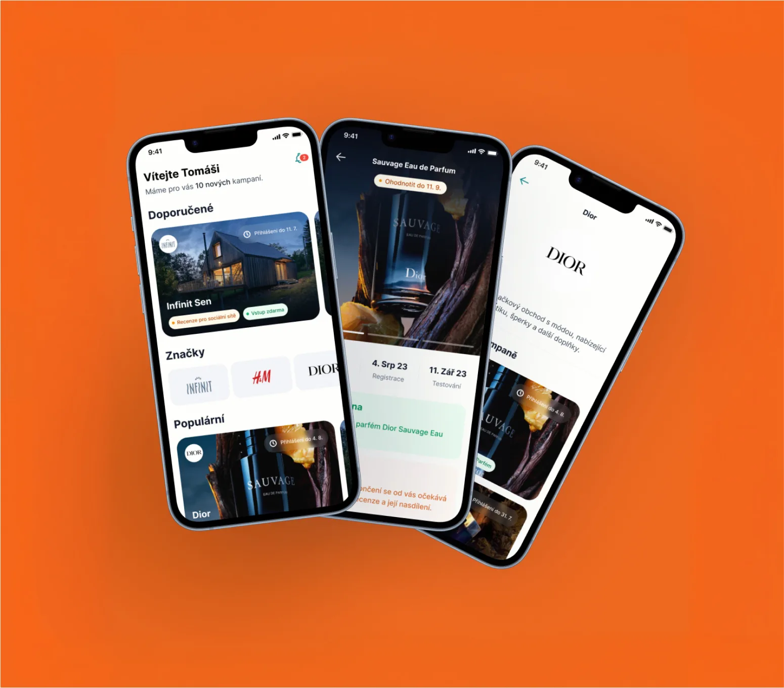 Three phones fanned on orange with the Mylou influencer feed: Vítejte Tomáši with a recommended Infinit Sen campaign, the Infinit, H&M and Dior brand row, the Dior Sauvage campaign detail with registration and testing dates, and the Dior brand page