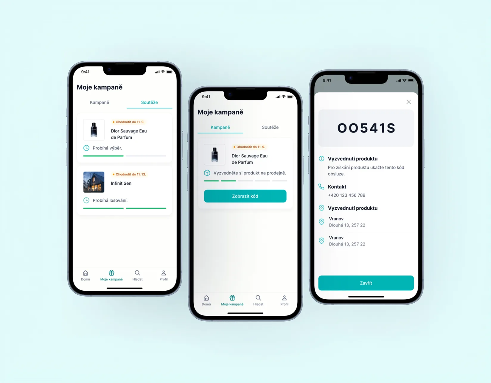 Three phones on pale teal with the Mylou influencer app: Moje kampaně with the Dior Sauvage and Infinit Sen campaigns in progress, a campaign card with Zobrazit kód, and the OO541S pickup code with contact and pickup addresses