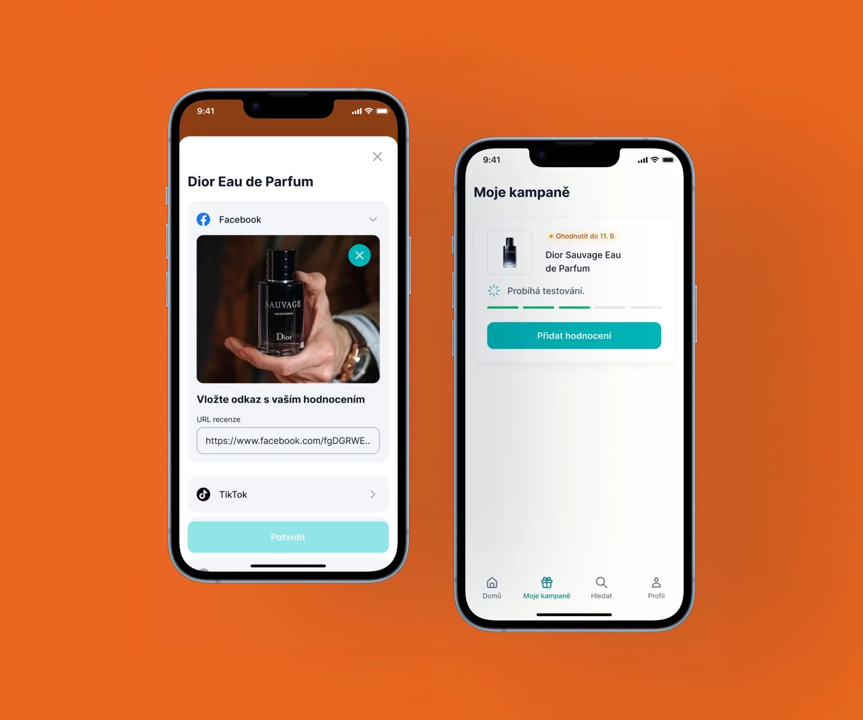 Two phones on orange: the Dior Eau de Parfum posting task asking for the link to your Facebook review, and Moje kampaně with the campaign in testing and a Přidat hodnocení button