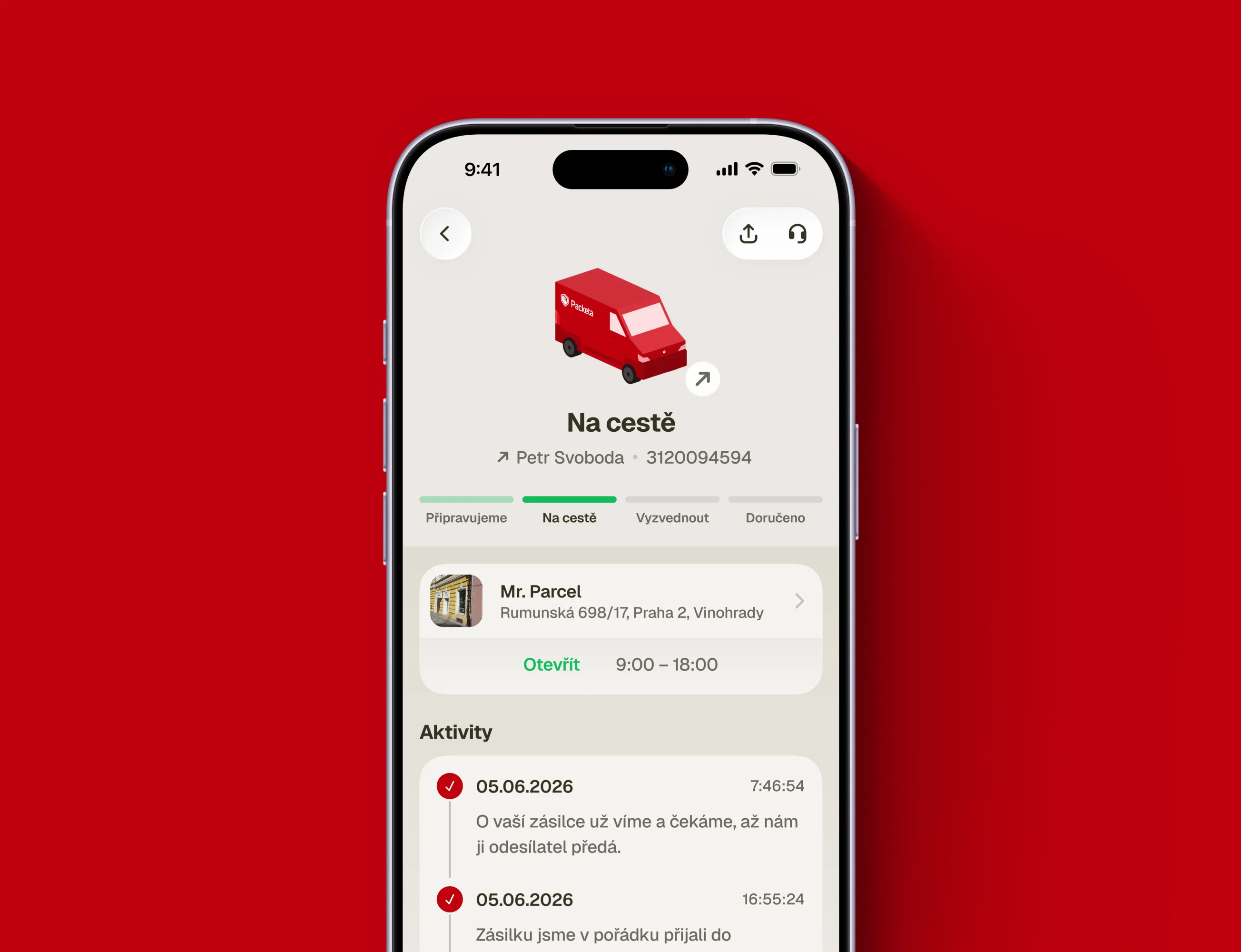 An iPhone on Packeta red showing the Zásilkovna app's parcel tracking screen: a red van illustration, the status Na cestě (On the way), the four-step progress bar, the pickup point Mr. Parcel in Vinohrady and the activity log