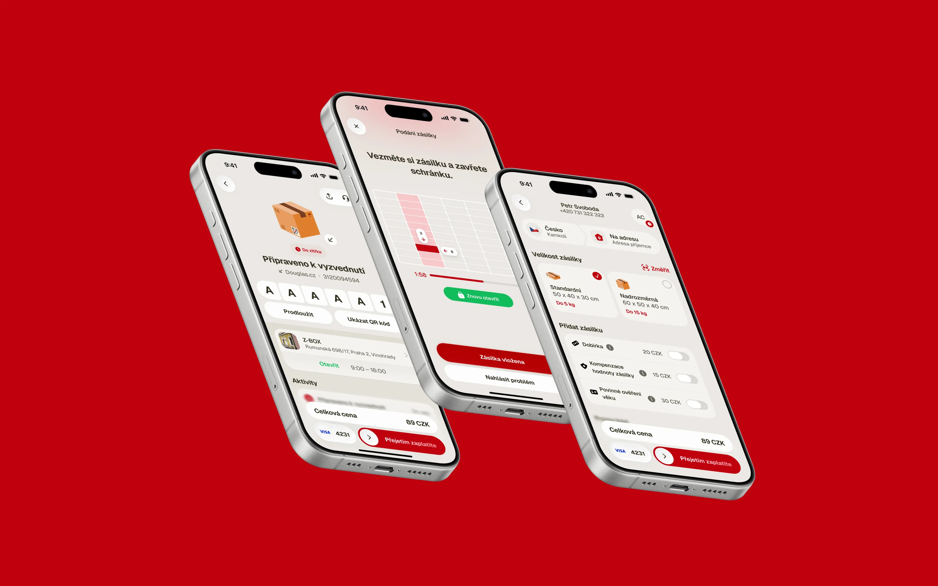 Three iPhones on Packeta red with the Zásilkovna app: a parcel ready for pick-up at a Z-BOX with its unlock code, the Z-BOX door-grid screen asking the user to take the parcel and close the box, and the parcel submission form with size, extra services and payment