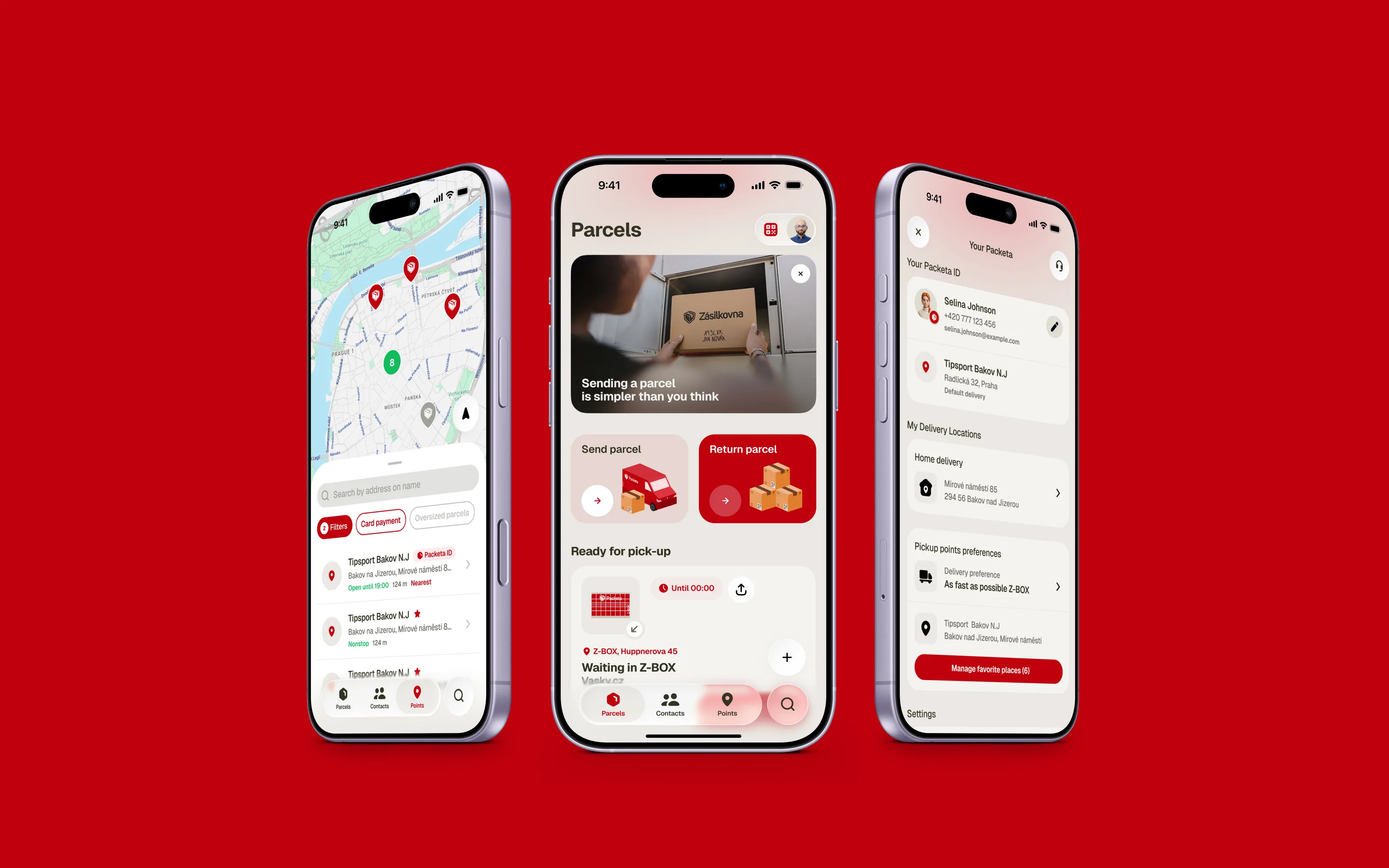 Three iPhones with the Zásilkovna app on Packeta red: pickup-point map, the Parcels home screen and the Your Packeta profile