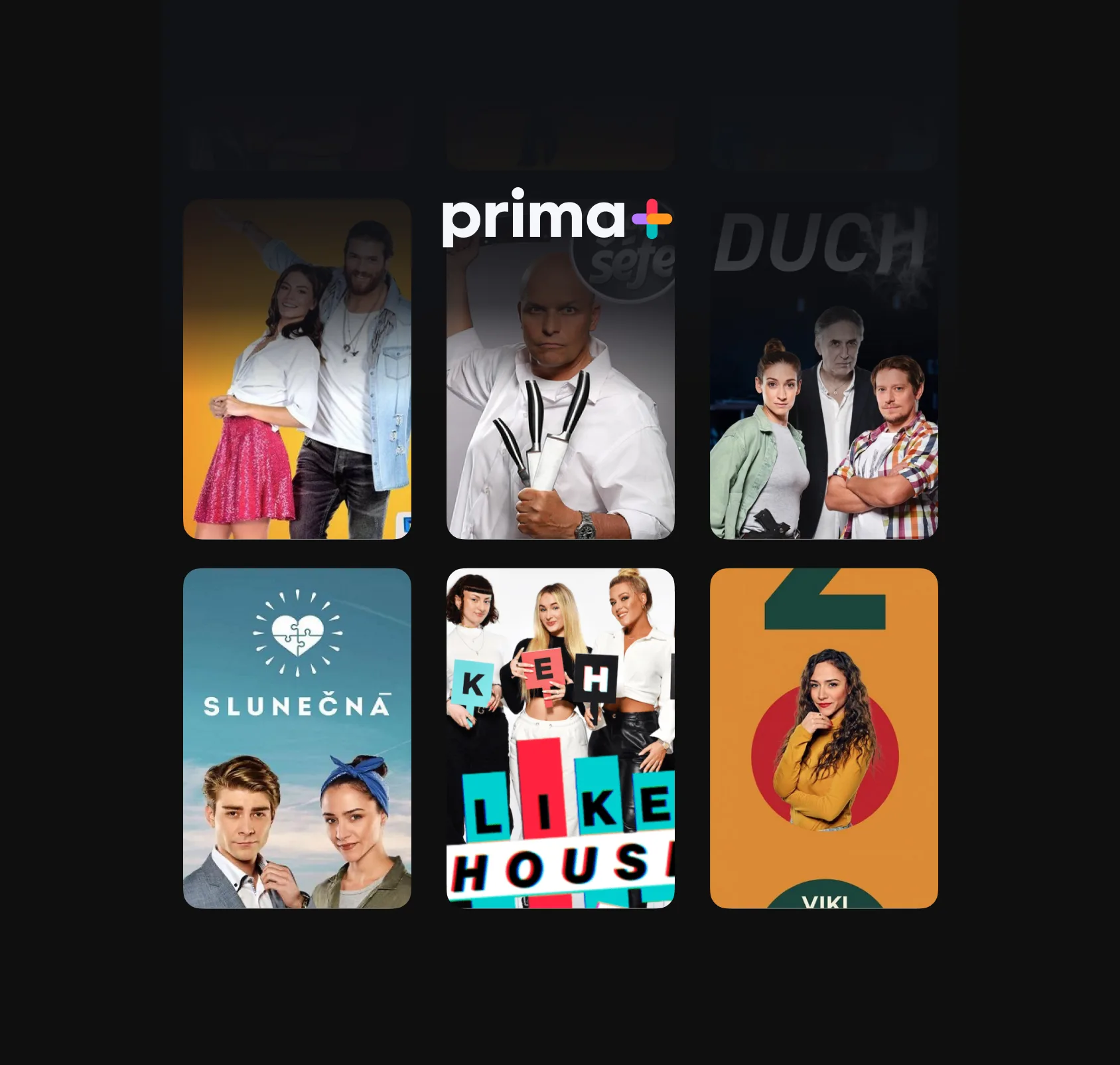 The prima+ logotype over a dark grid of six exclusive Czech show tiles — Zoo-style dramas, a chef with knives, Duch, Slunečná, Like House and a Viki comedy poster