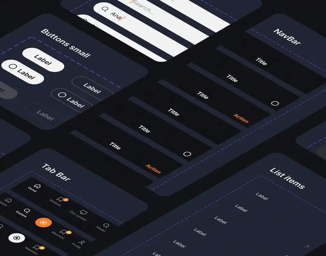 The Prima+ design system on a dark board: small buttons, the NavBar and Tab Bar components and list items with their labels