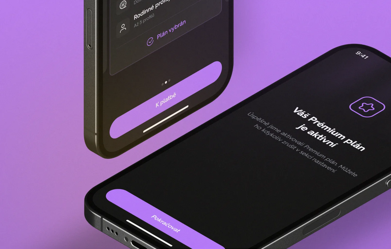 Two black phones floating on purple: the family-profile plan (up to five profiles, Plán vybrán) with a purple K platbě button, and the “Váš Prémium plán je aktivní” confirmation with a star badge and a Pokračovat button
