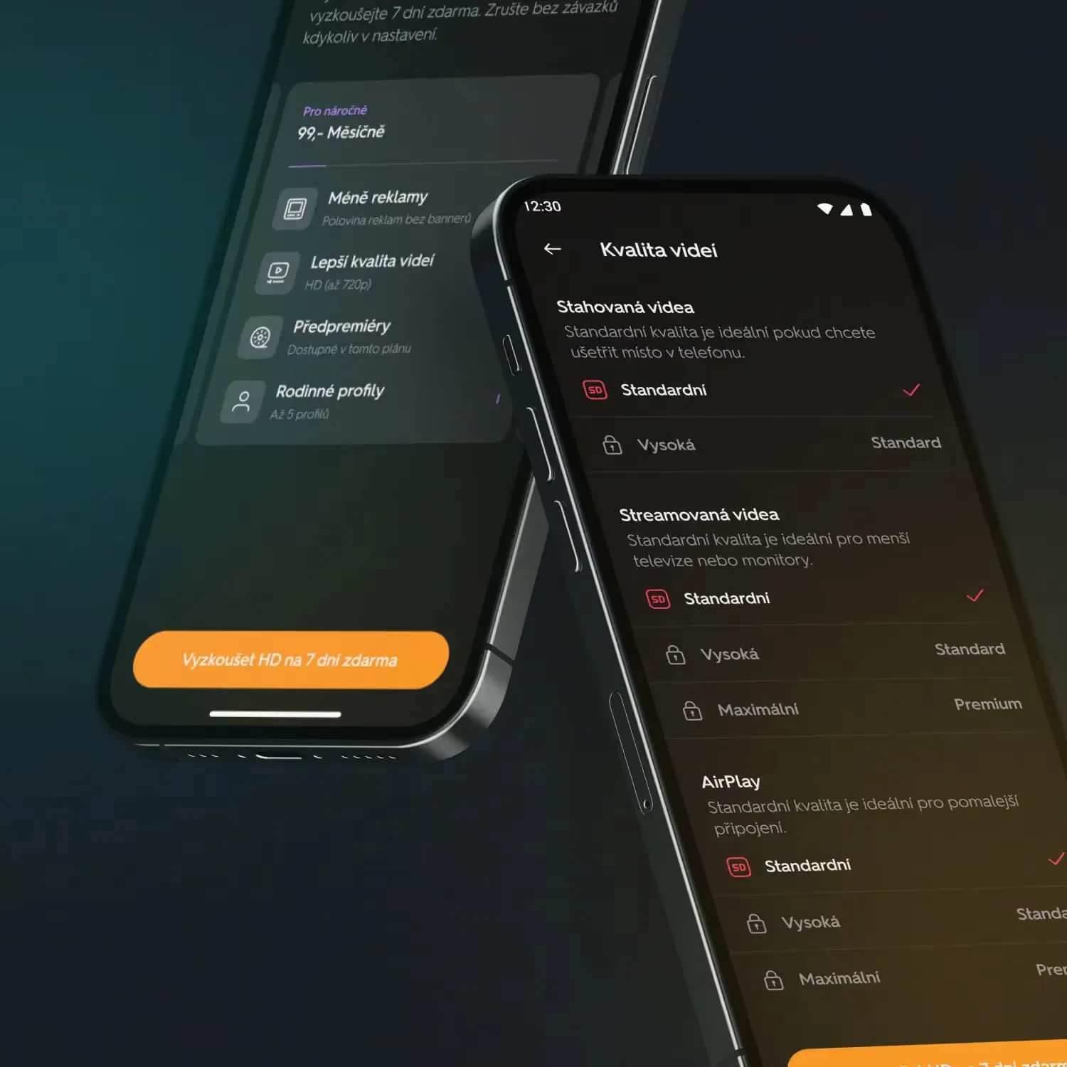 Two phones on dark teal: the Prima+ video quality settings for downloaded and streamed video, and the Premium plan benefits screen with a 7-day HD trial button