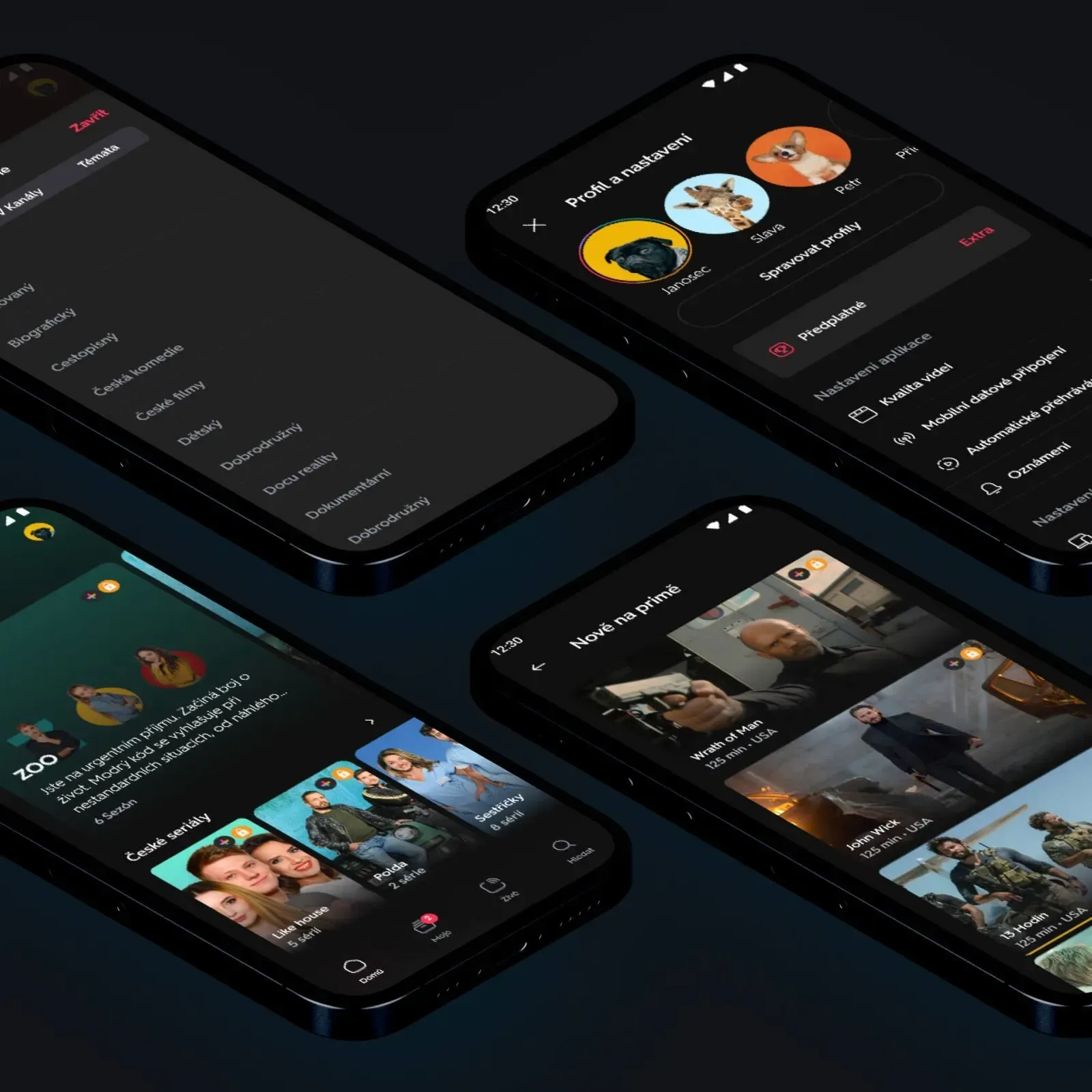 Three phones on a dark ground: the Prima+ profile and settings screen, the Kids and ZOO content rows and the “Nově na prima+” new-arrivals row