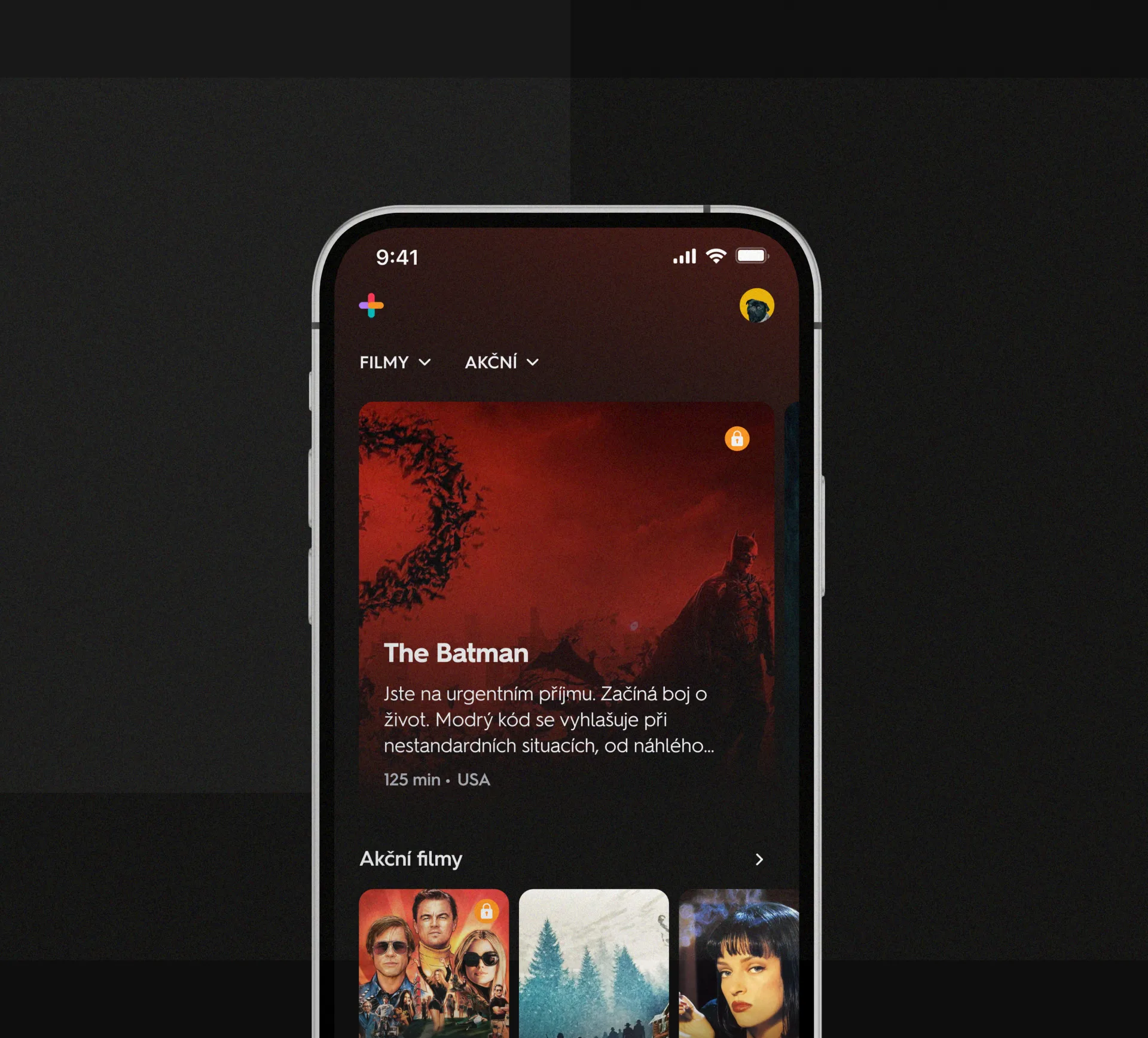 A black phone on a dark ground showing the Prima+ title detail for The Batman — Filmy and Akční filters, a red bat-swarm poster with a lock badge, the synopsis, a 125 min · USA label and an Akční filmy row