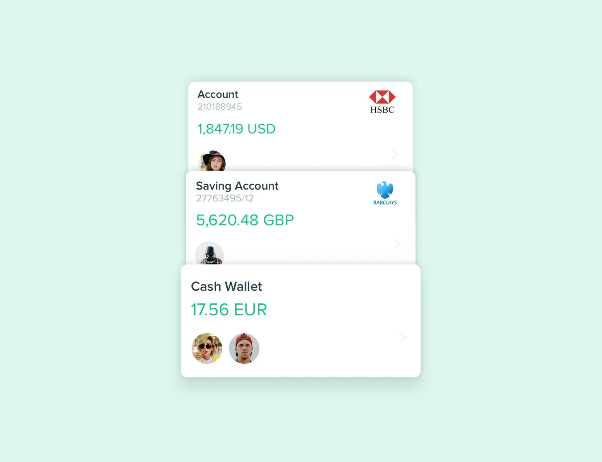Three stacked Spendee account cards on mint: an HSBC Account with 1,847.19 USD, a Barclays Saving Account with 5,620.48 GBP and a Cash Wallet with 17.56 EUR shared by two people