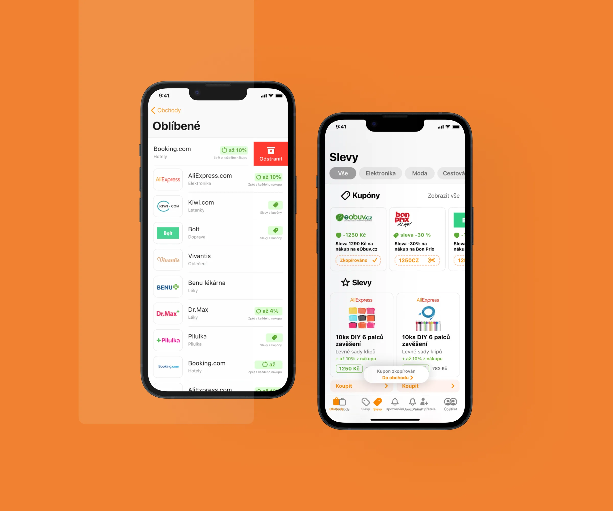 Two phones on Tipli orange: the Oblíbené list of favourite shops — Booking.com, AliExpress, Kiwi.com, Bolt, Dr.Max — with cashback rates, and the Slevy screen with eobuv.cz and Bonprix coupons and AliExpress deals