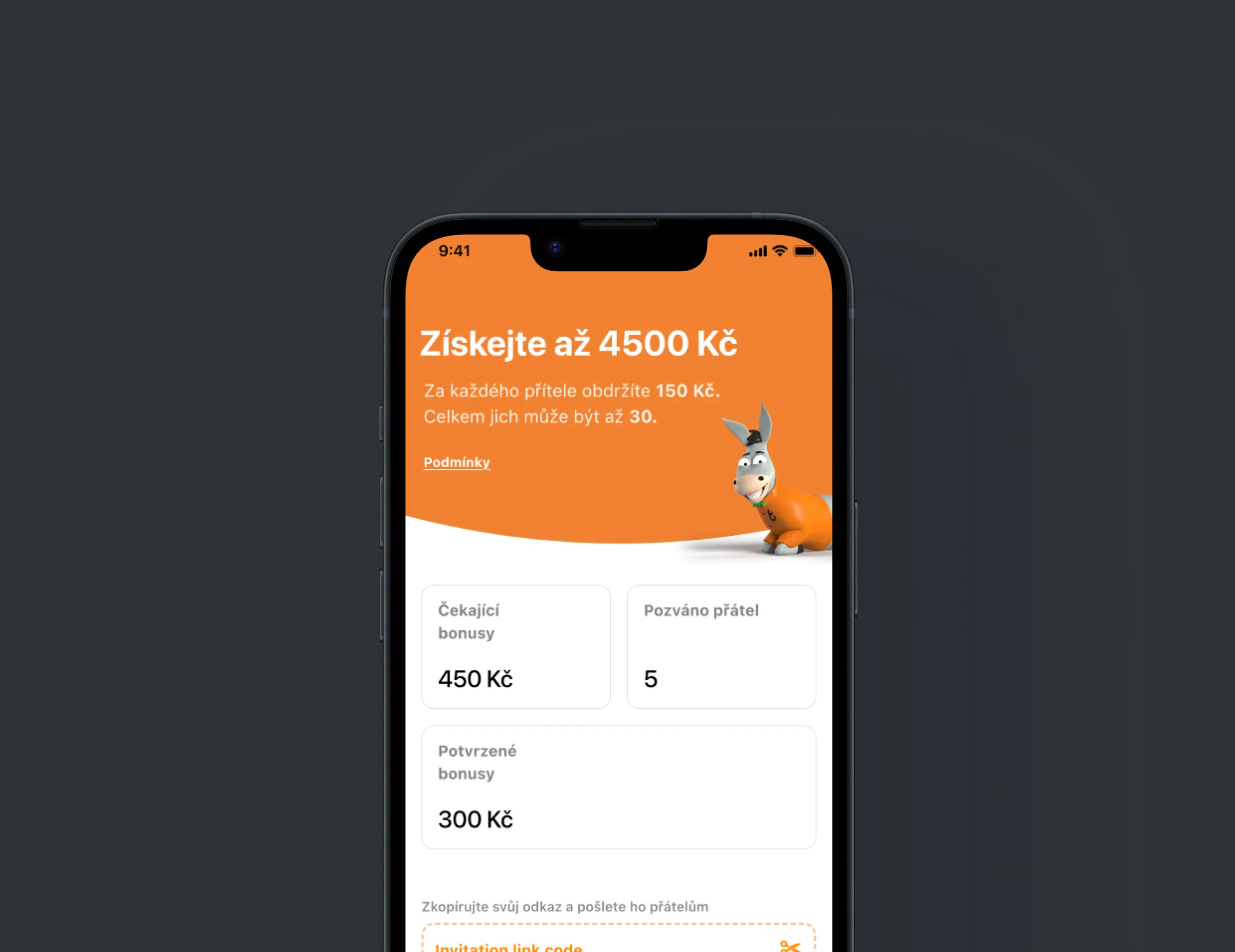 A phone on dark grey with the Tipli referral offer Získejte až 4500 Kč — 150 Kč per friend, the Tipli donkey mascot, pending and confirmed bonuses and an invitation link