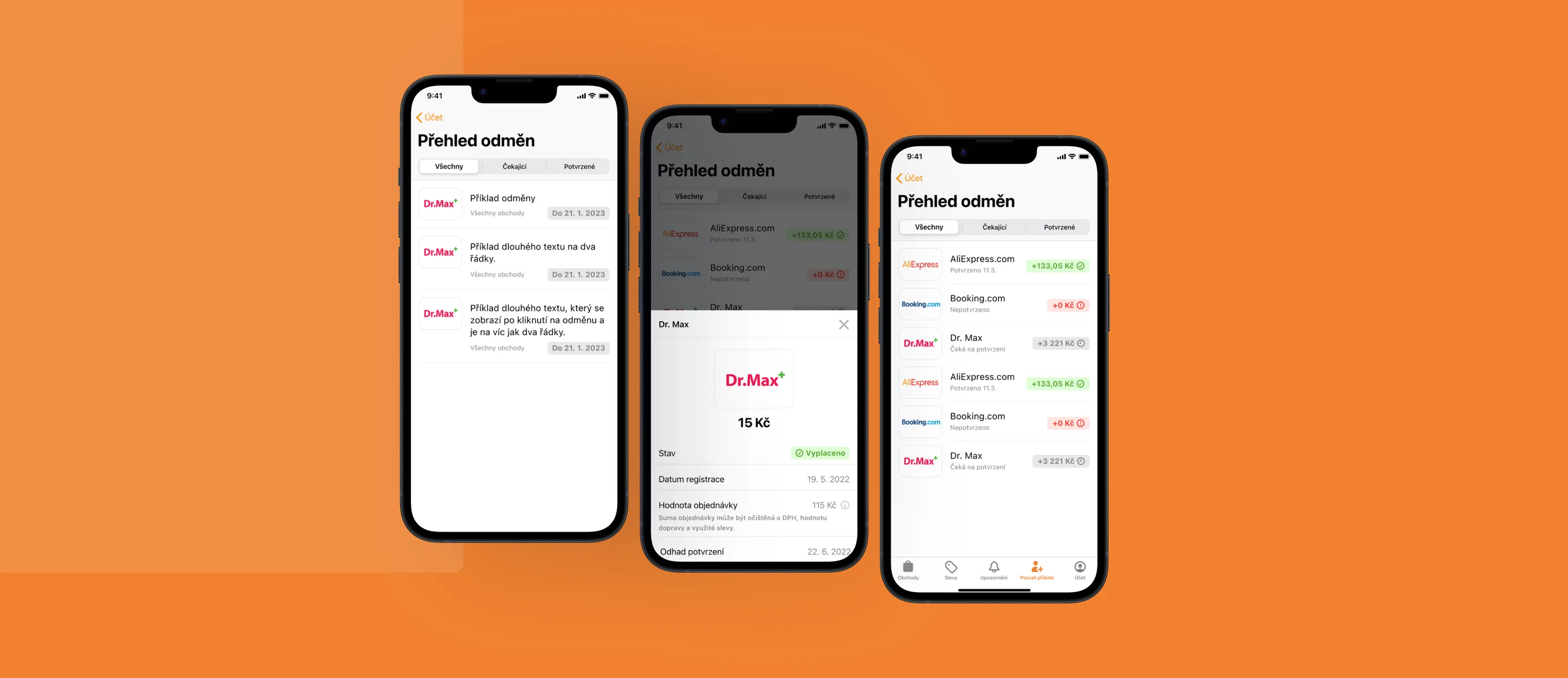 Three phones on Tipli orange with the Přehled odměn rewards screen: the list of rewards from Dr.Max, AliExpress and Booking.com with their status, and a Dr.Max reward detail with 15 Kč paid out, registration date and order value