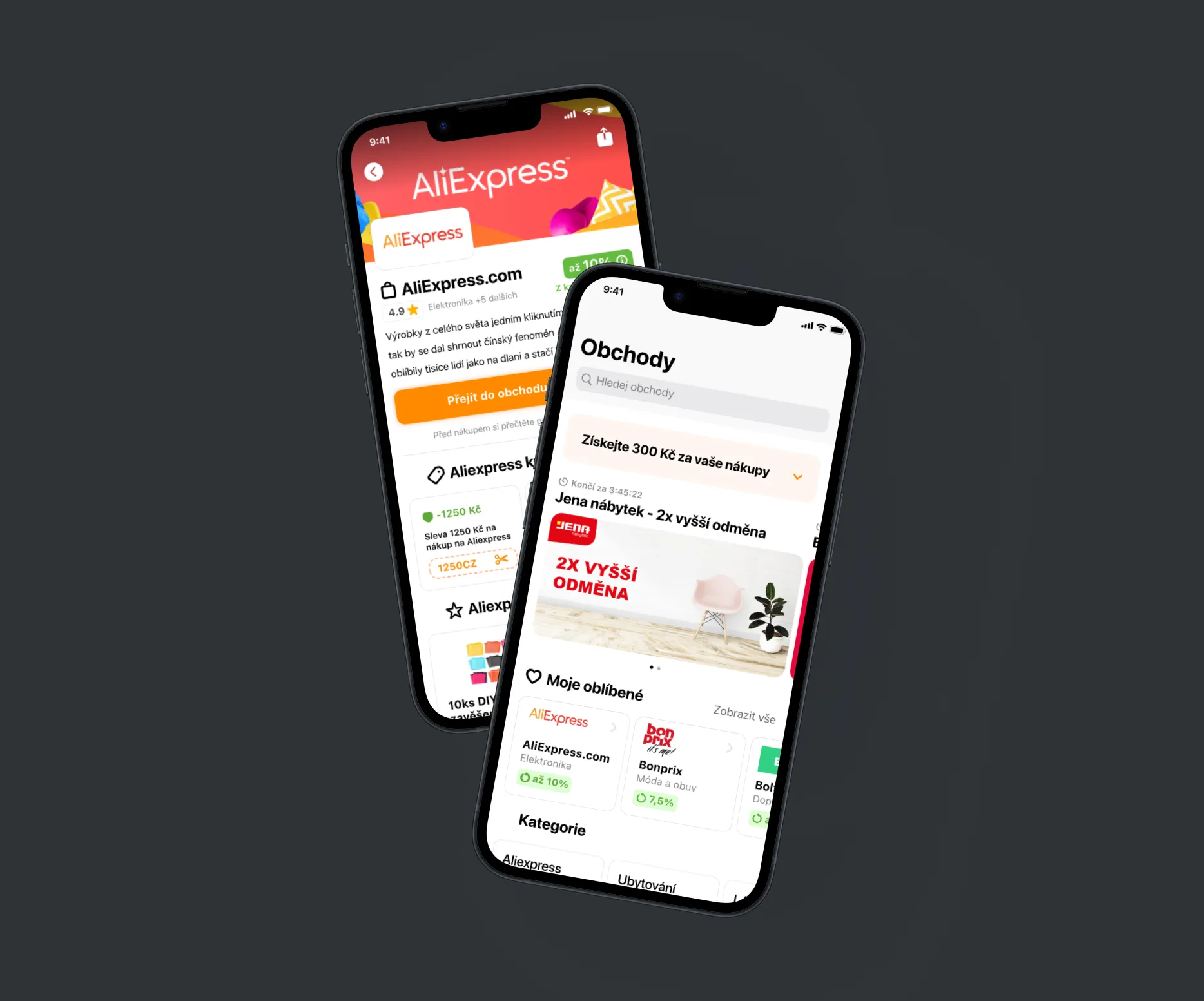 Two phones angled on dark grey: the AliExpress shop detail with its cashback rate, coupons and categories, and the Obchody screen with a Jena nábytek 2× vyšší odměna banner and the Moje oblíbené list