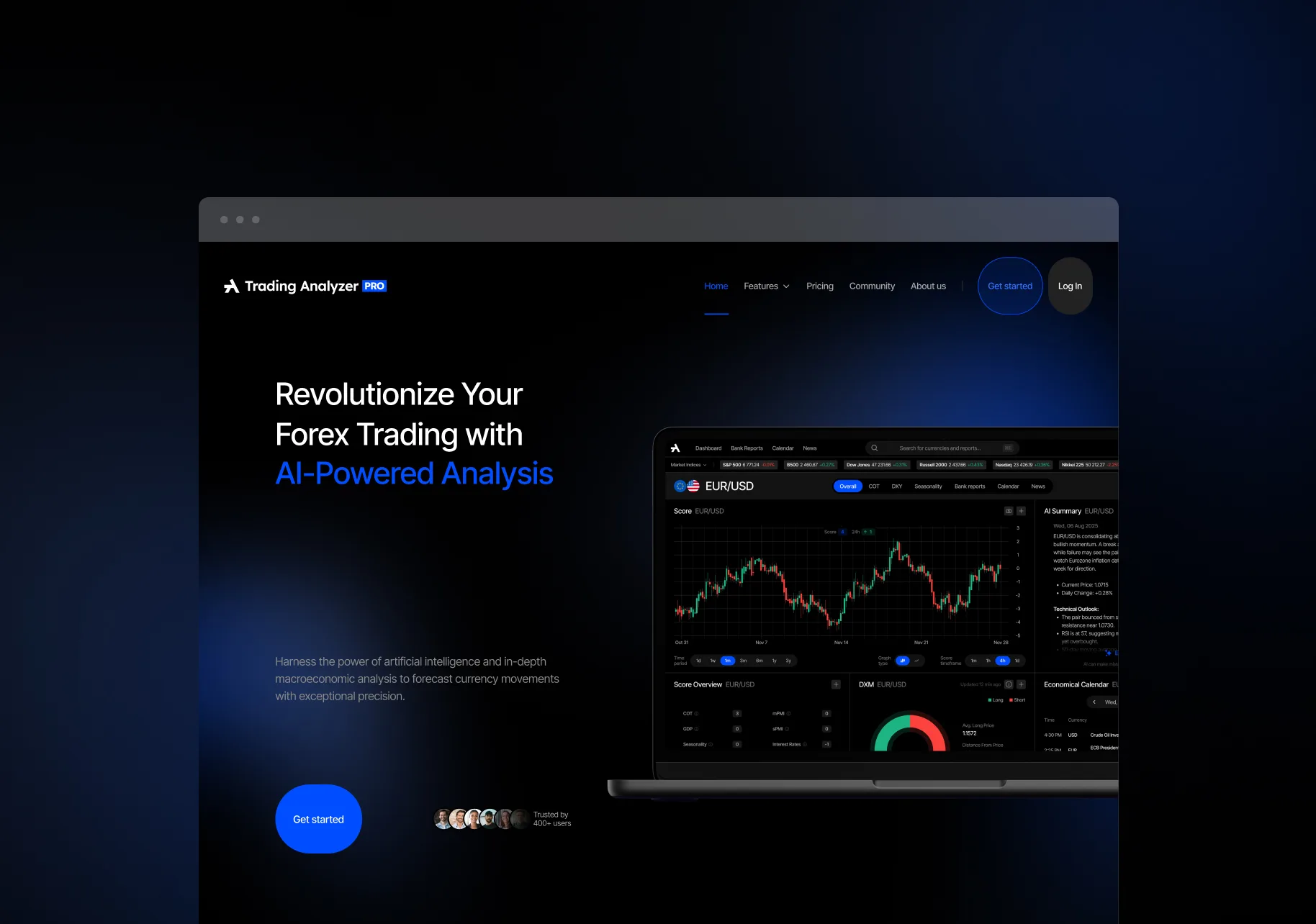Landing page Trading Analyzeru na tmavě modrém podkladu: Revolutionize Your Forex Trading with AI-Powered Analysis, notebook se svíčkovým grafem a pod ním sekce s cenami