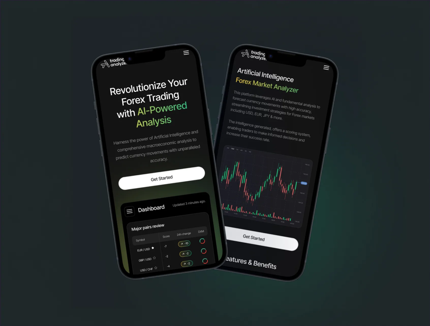 Dva natočené telefony na tmavém podkladu se zelenou září: landing page Trading Analyzeru (Revolutionize Your Forex Trading with AI-Powered Analysis) s tlačítkem Get Started a tabulkou Major pairs review z dashboardu a obrazovka AI Forex Market Analyzer se svíčkovým grafem